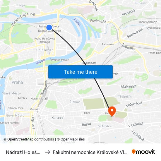 Nádraží Holešovice to Fakultní nemocnice Královské Vinohrady map