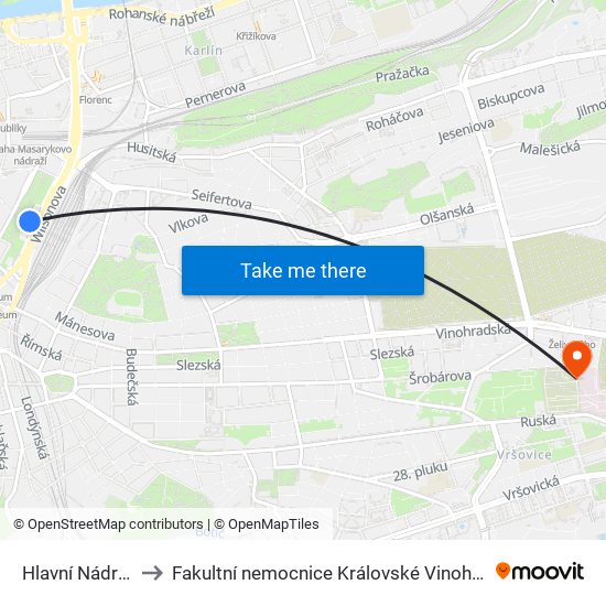 Hlavní Nádraží to Fakultní nemocnice Královské Vinohrady map