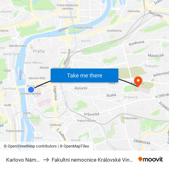 Karlovo Náměstí to Fakultní nemocnice Královské Vinohrady map