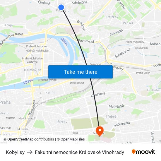 Kobylisy to Fakultní nemocnice Královské Vinohrady map