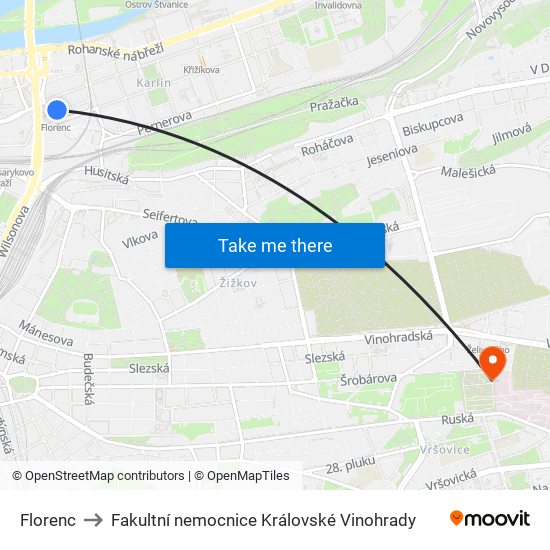 Florenc to Fakultní nemocnice Královské Vinohrady map