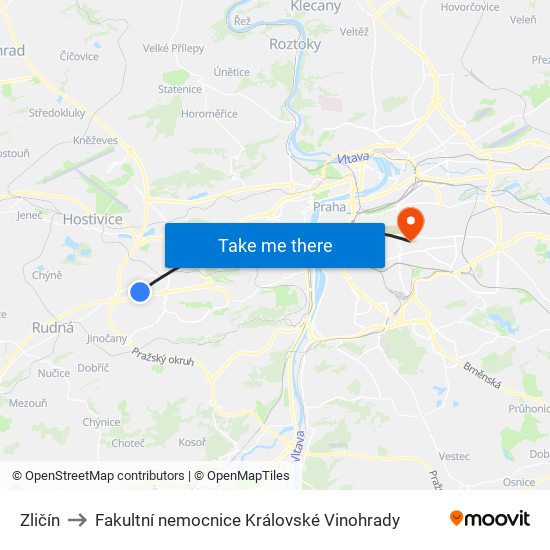 Zličín to Fakultní nemocnice Královské Vinohrady map