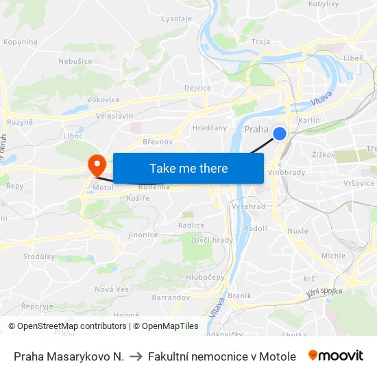 Praha Masarykovo N. to Fakultní nemocnice v Motole map