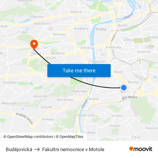 Budějovická to Fakultní nemocnice v Motole map