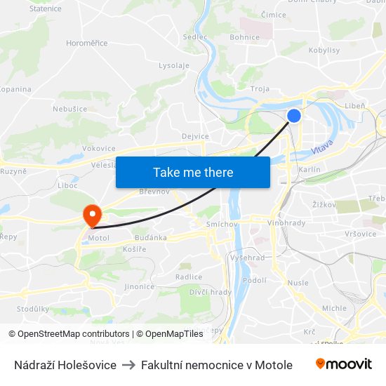 Nádraží Holešovice to Fakultní nemocnice v Motole map