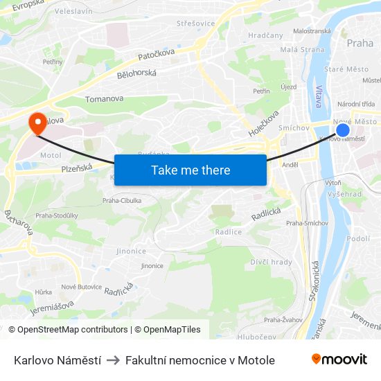 Karlovo Náměstí to Fakultní nemocnice v Motole map