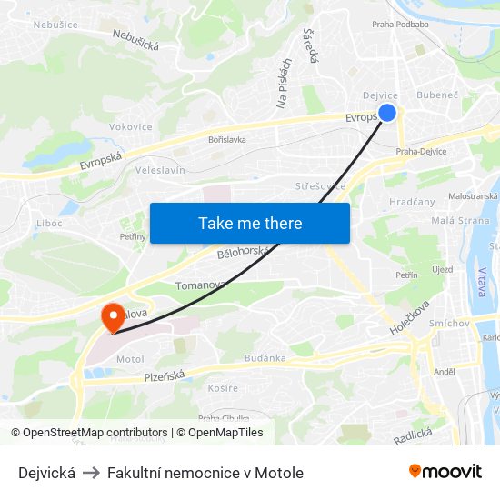 Dejvická to Fakultní nemocnice v Motole map