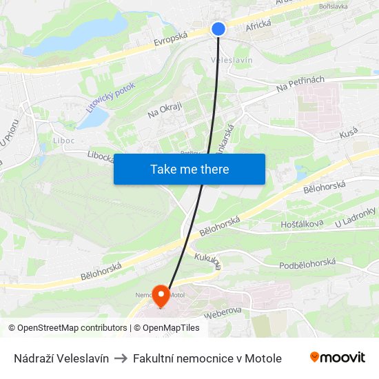 Nádraží Veleslavín to Fakultní nemocnice v Motole map