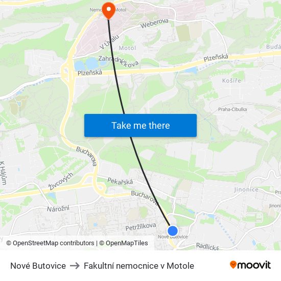 Nové Butovice to Fakultní nemocnice v Motole map