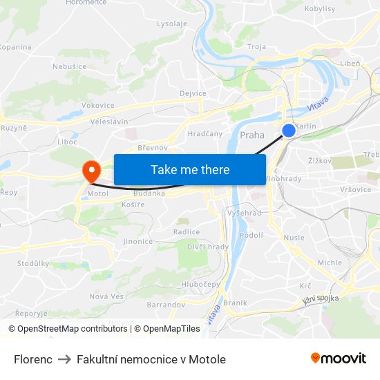 Florenc to Fakultní nemocnice v Motole map