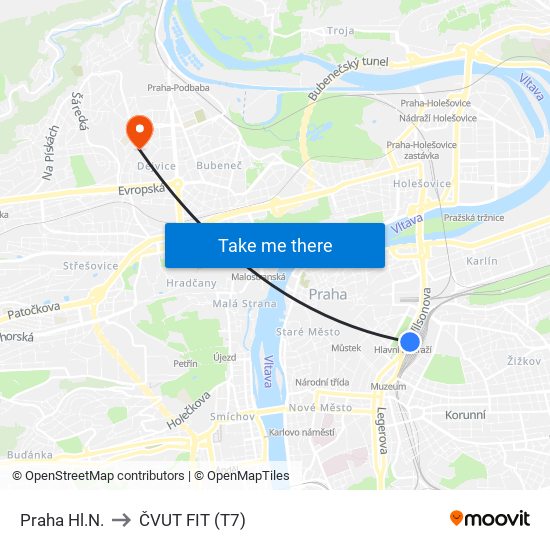 Praha Hl.N. to ČVUT FIT (T7) map