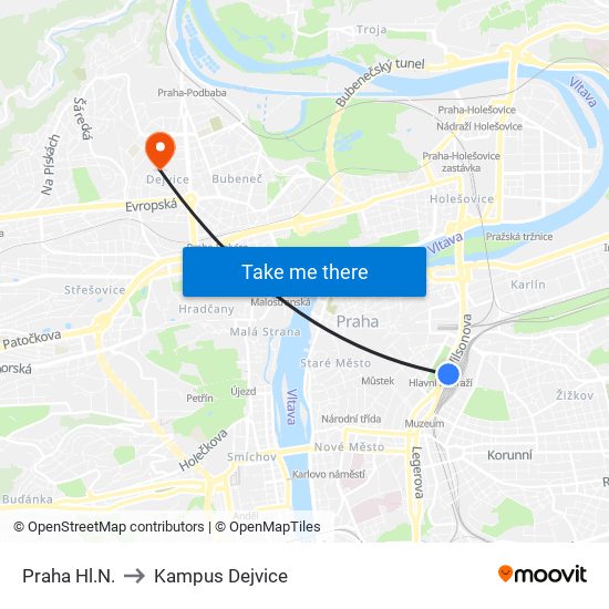 Praha Hl.N. to Kampus Dejvice map