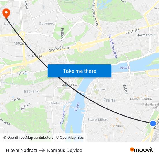 Hlavní Nádraží to Kampus Dejvice map