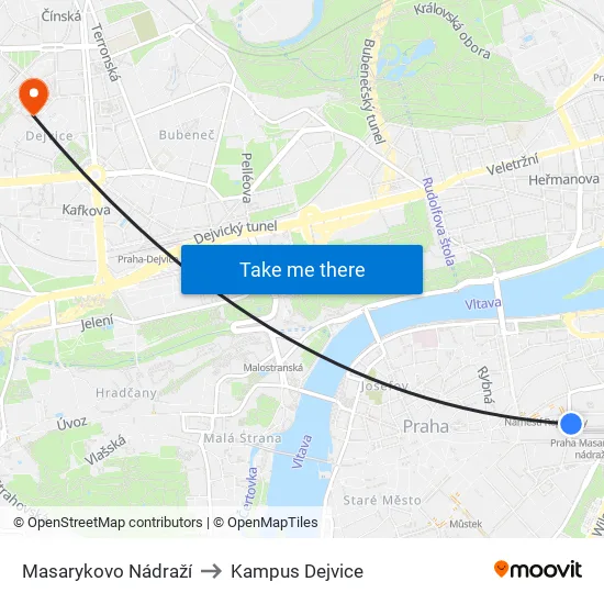 Masarykovo Nádraží to Kampus Dejvice map