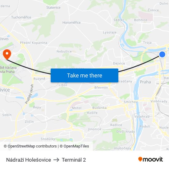 Nádraží Holešovice to Terminál 2 map