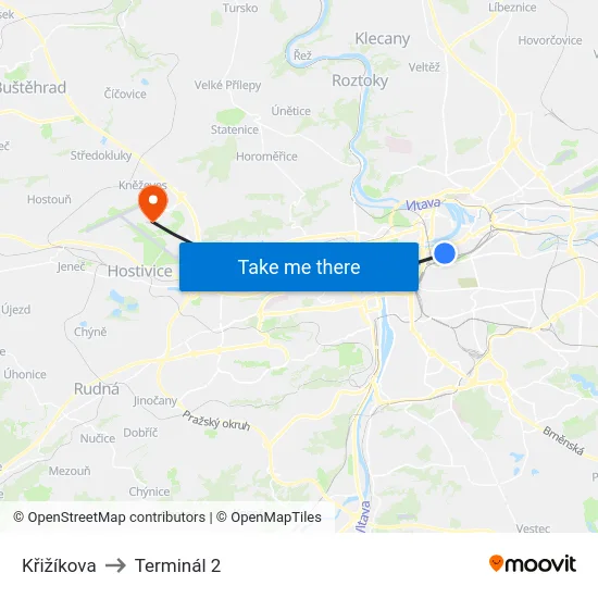 Křižíkova to Terminál 2 map