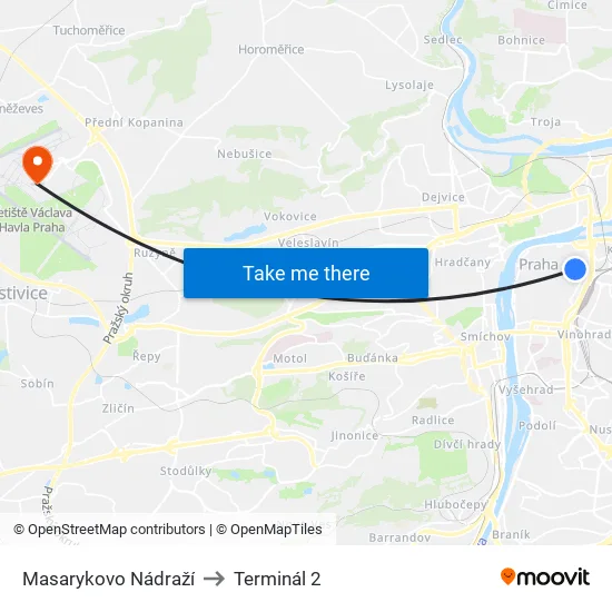 Masarykovo Nádraží to Terminál 2 map