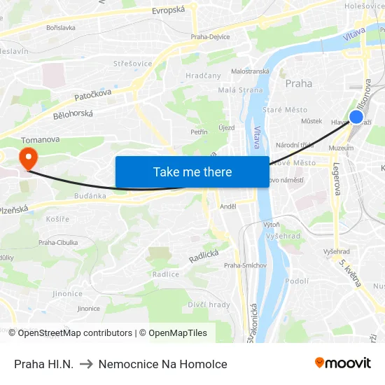 Praha Hl.N. to Nemocnice Na Homolce map