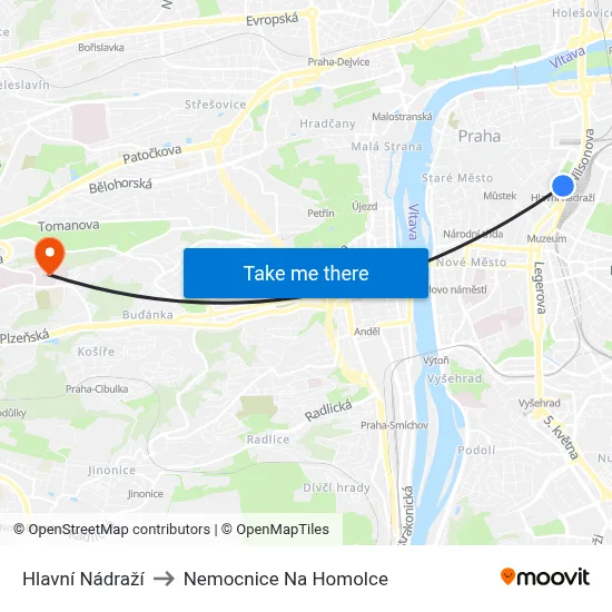 Hlavní Nádraží to Nemocnice Na Homolce map