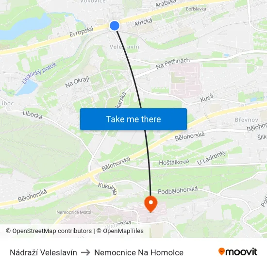 Nádraží Veleslavín to Nemocnice Na Homolce map