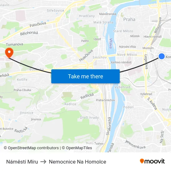Náměstí Míru to Nemocnice Na Homolce map