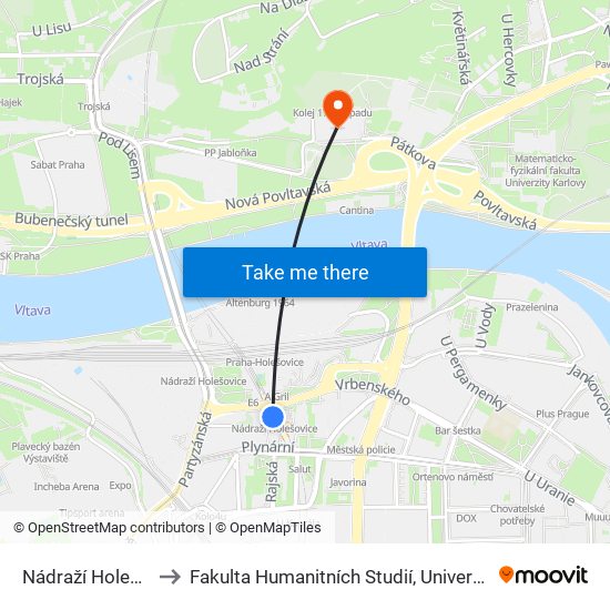 Nádraží Holešovice to Fakulta Humanitních Studií, Univerzita Karlova map