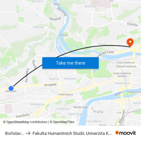 Bořislavka to Fakulta Humanitních Studií, Univerzita Karlova map