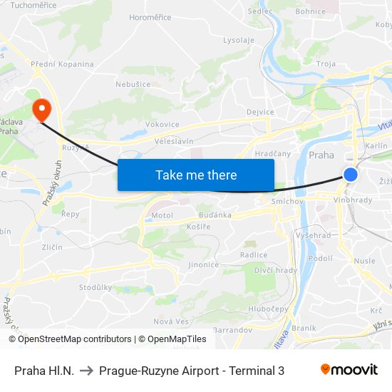 Praha Hl.N. to Prague-Ruzyne Airport - Terminal 3 map