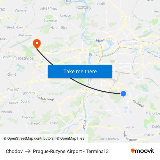 Chodov to Prague-Ruzyne Airport - Terminal 3 map