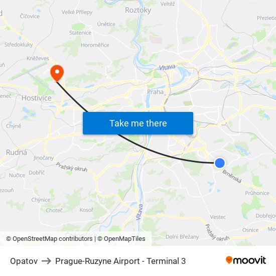 Opatov to Prague-Ruzyne Airport - Terminal 3 map