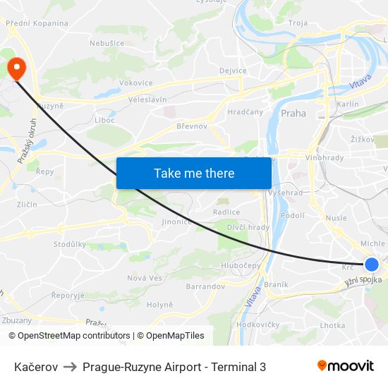 Kačerov to Prague-Ruzyne Airport - Terminal 3 map