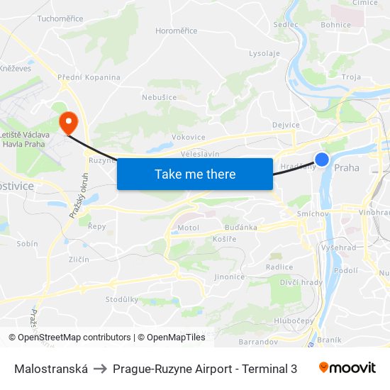 Malostranská to Prague-Ruzyne Airport - Terminal 3 map