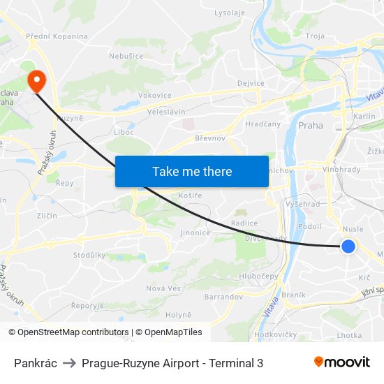 Pankrác to Prague-Ruzyne Airport - Terminal 3 map