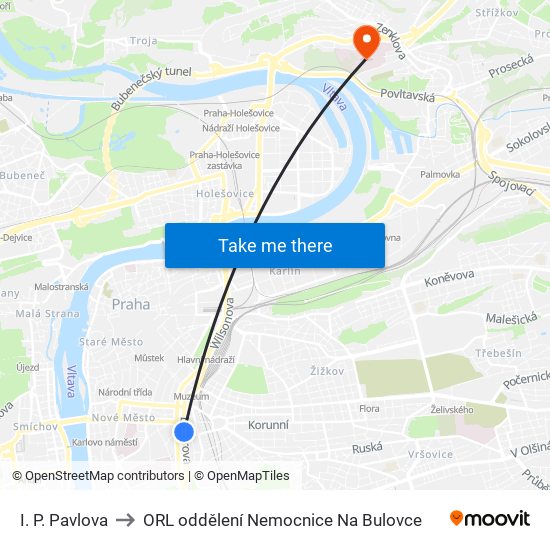 I. P. Pavlova to ORL oddělení Nemocnice Na Bulovce map