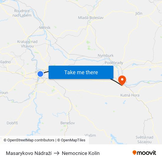 Masarykovo Nádraží to Nemocnice Kolín map