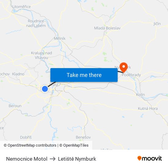 Nemocnice Motol to Letiště Nymburk map