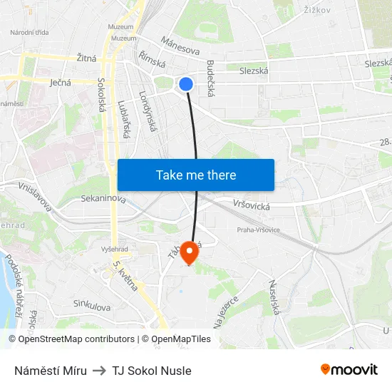 Náměstí Míru to TJ Sokol Nusle map