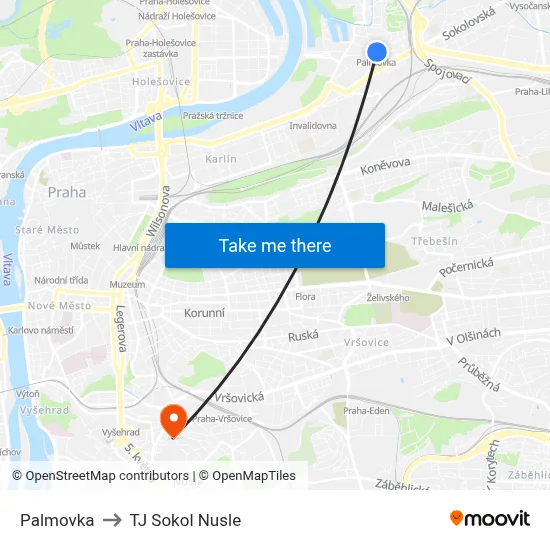 Palmovka to TJ Sokol Nusle map