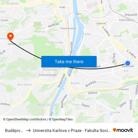 Budějovická to Univerzita Karlova v Praze - Fakulta Sociálních Věd map