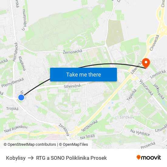 Kobylisy to RTG a SONO Poliklinika Prosek map
