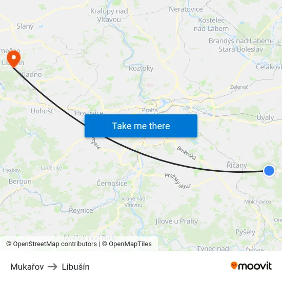 Mukařov to Libušín map
