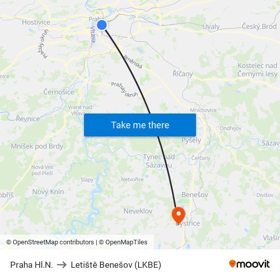 Praha Hl.N. to Letiště Benešov (LKBE) map