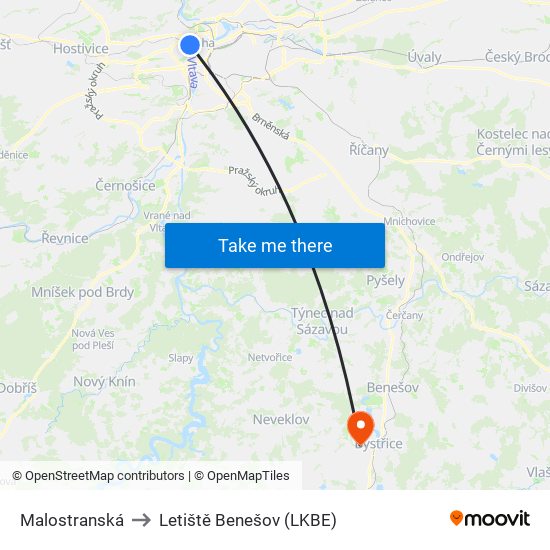 Malostranská to Letiště Benešov (LKBE) map
