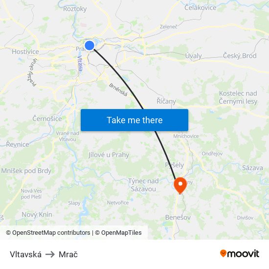 Vltavská (A) to Mrač map