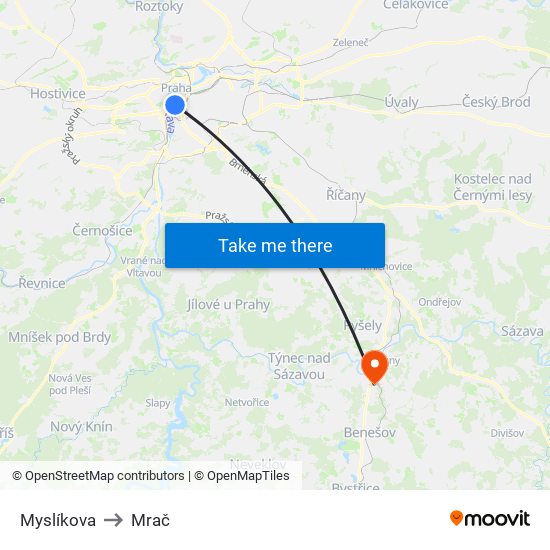 Myslíkova (A) to Mrač map