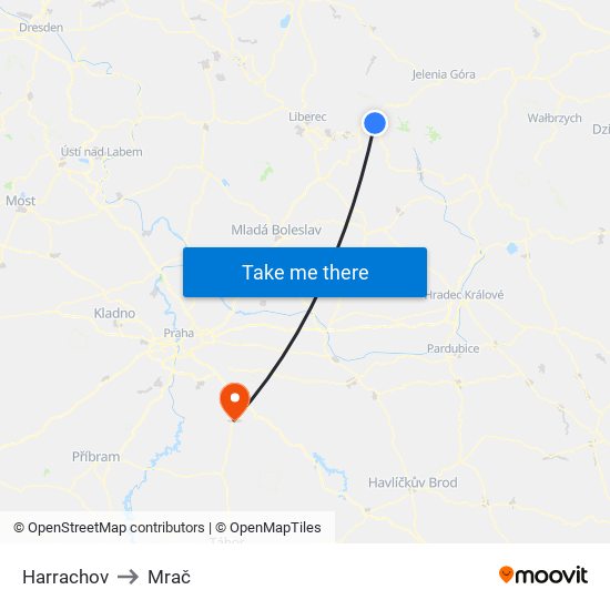 Harrachov to Mrač map