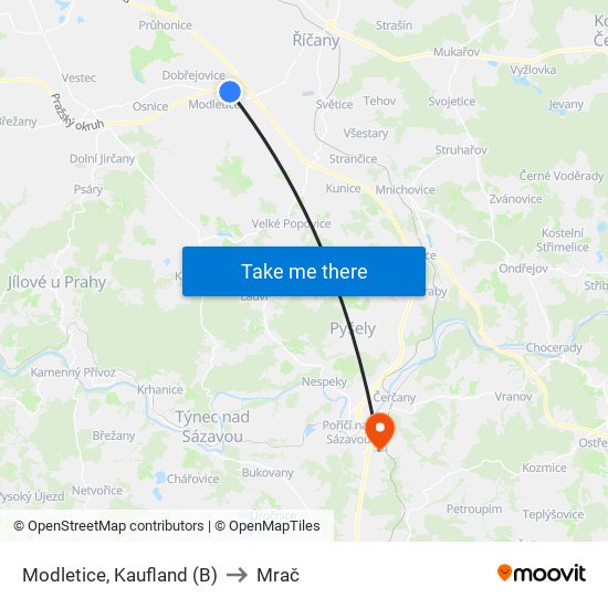 Modletice, Kaufland (B) to Mrač map