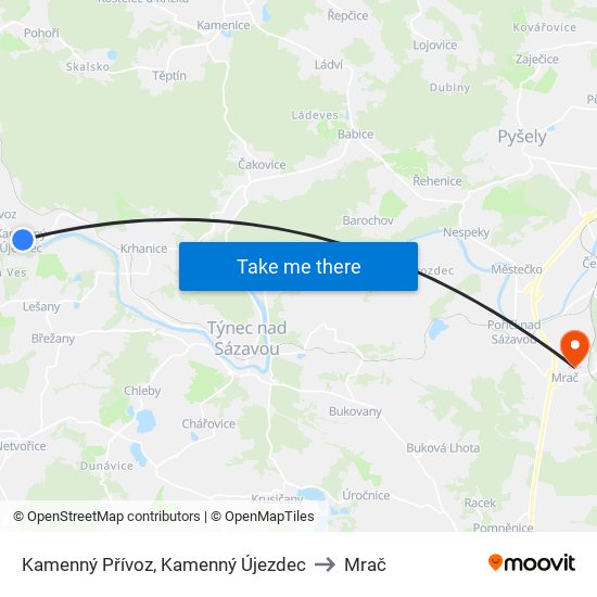 Kamenný Přívoz, Kamenný Újezdec to Mrač map