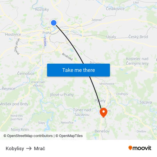 Kobylisy to Mrač map