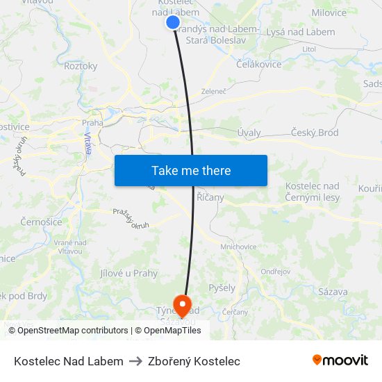 Kostelec Nad Labem to Zbořený Kostelec map